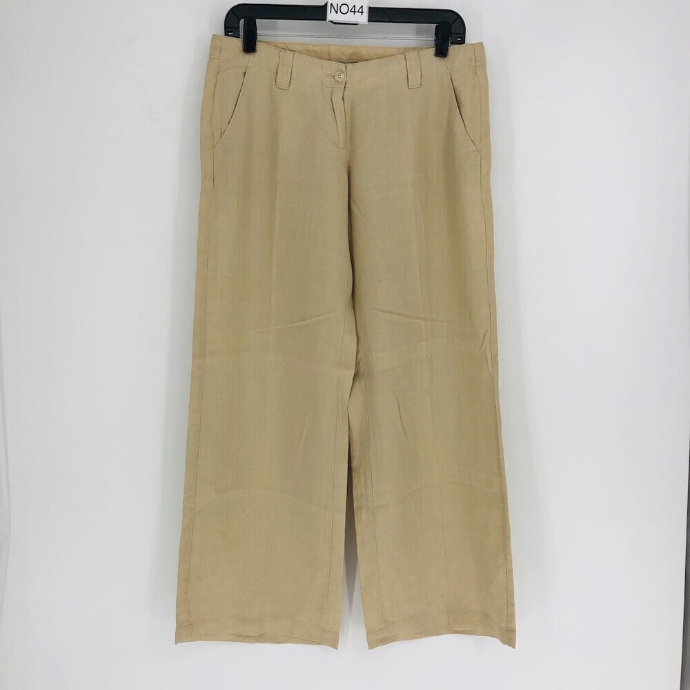 United Colors of Benetton Womens Khaki 100% Linen Flat Front Wide Leg Pant Sz 42